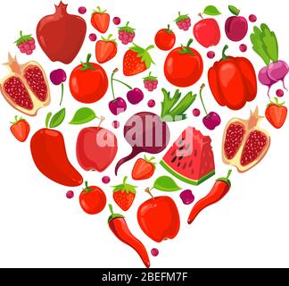 Heart shape of red fruits and vegetables. Healthy nutrition organic vector illustration Stock Vector