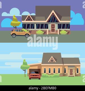 Vector horizontal banners set with houses with cars. Flat vector illustration. Home with car, cottage residential and garage Stock Vector