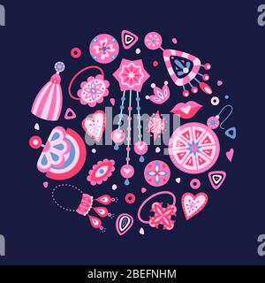 Woman's vector accessories in round shape on the dark background. Female things in cartoon style. Flat vector illustration.
