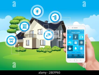 Vector design depicting a modern smart home controlled by a mobile application on a smartphone. Stock Vector