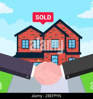 Buying new house on sale. Two hands shaking, big deal agreement flat style vector illustration. Stock Vector