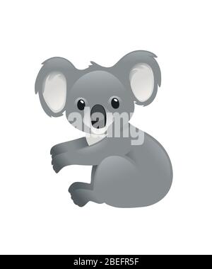 Cute grey koala bear sit on the ground and looking at you cartoon animal design flat vector illustration isolated on white background Stock Vector