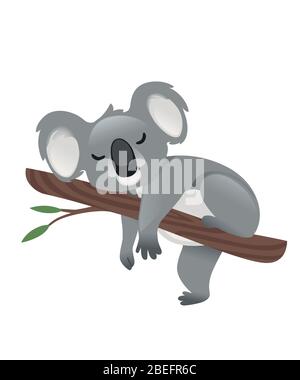 Cute grey koala bear sleeping on wood branch with green leaves cartoon animal design flat vector illustration isolated on white background Stock Vector