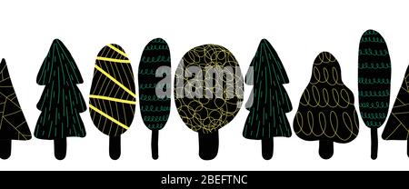 Black tree silhouettes seamless vector border. Repeating horizontal abstract nature pattern various forest trees in scratch paper style. For banner Stock Vector
