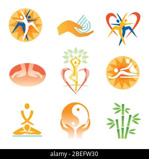 Icons fitness spa massage. Set of colorful symbols with sport, relax and healt care activities. Vector available. Stock Vector