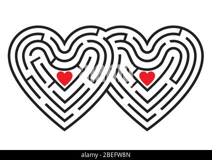 Two hearts maze, game. The labyrinth in the shape of two linked hearts. Isolated on white background. Vector available. Stock Vector