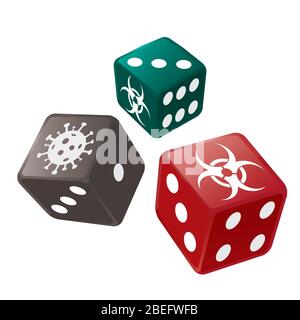 Casino Dice with biohazard and coronavirus symbols. Illustration of three colorful dices on red background. Vector available. Stock Vector