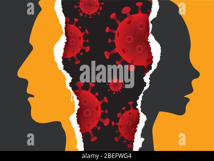 Sad divorced couple, quarantine as test of relationship.  Ripped paper with man and woman stylized silhouettes and coronavirus. Vector available. Stock Vector