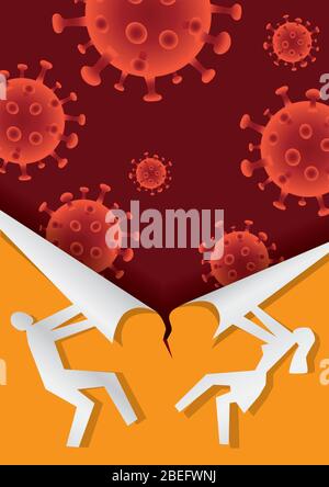 People, torn paper background, coronavirus. Stylized male and female silhouette ripping paper background and discovering coronavirus. Banner template. Stock Vector
