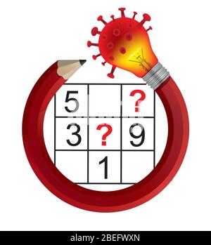 Sudoku and Pencil with Light bulb in the shape of coronavirus. Illustration, concept solving puzzles during pandemic time. Vector available. Stock Vector