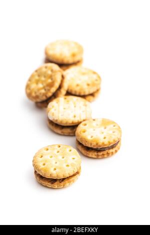Mini cream sandwich cookies isolated on white background. Stock Photo