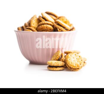 Mini cream sandwich cookies isolated on white background. Stock Photo