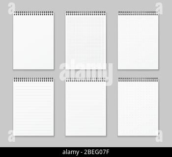 Vector set of realistic and vertical spiral notebooks. Realistic notepads lined and dots paper page isolated grey background Stock Vector