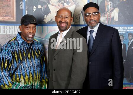 Kenny Gamble and Leon Huff with Mayor Michael Nutter exclusive portrait taken at the press conference to announce Gamble and Huff Walk, a street sign going up at the intersection of Spruce and Broad streets in Philadelphia, Pa on November 17, 2010    Credit: Scott Weiner/MediaPunch Stock Photo