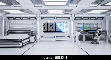 Futuristic Science Fiction Bedroom Interior with Planet Earth View in Space Station, 3D Rendering Stock Photo