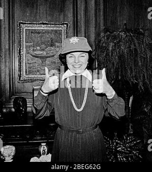 San Francisco Mayor Dianne Feinstein gives a thumbs up to PAL, the Police Athletic League in her office.  March 25, 1982 Stock Photo