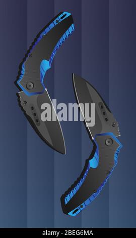 Illustration of two realistic blue folding knives on gradient background Stock Vector