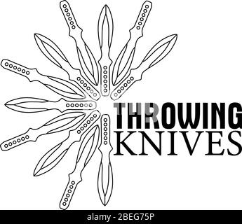Simple black and white print or logo template with flower of contour throwing knives and text Stock Vector