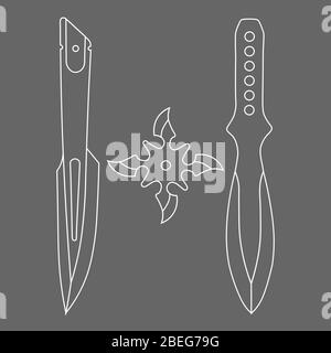 Illustration of two contour throwing knives and shuriken on grey background Stock Vector