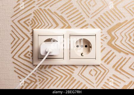 European double white electrical outlet socket, included charging for phone. Stock Photo