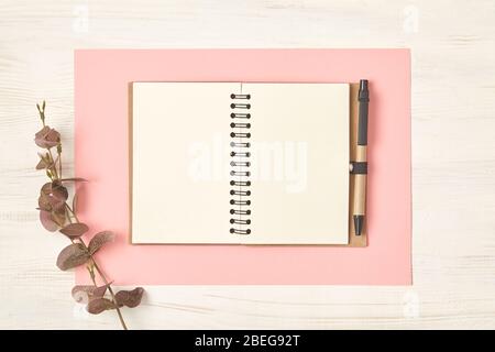 Blank paper, branches on pink background. Top view with copy space Stock Photo