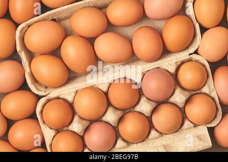 many fresh chicken brown eggs top view Stock Photo