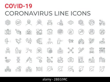 Coronavirus COVID-19 pandemic related icons set line style. Stock Vector