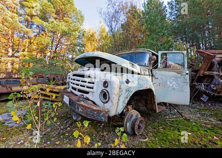 The October 17, 2019, photo of transportation facilities in Pripyat in abandoned territory in Ukraine nearby Chernobyl Nuclear Power Plant, which was Stock Photo