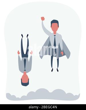 Businessman superhero flies up and leaves others down. Super worker in the cloak takes off. Stock Vector