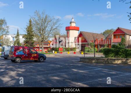 13 April 2020 Warrington, Cheshire, England  Easter Monday Bank Holiday Gulliver's World remains closed due to the Coronavirus Pandemic. Closed entrance to Gulliver's World, Warrington, viewed from an empty car park Credit: John Hopkins/Alamy Live News Stock Photo
