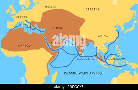 A map showing a network of medieval sea trade routes. The areas in darker yellow indicate the extent of the Islamic world in 1500. Stock Photo