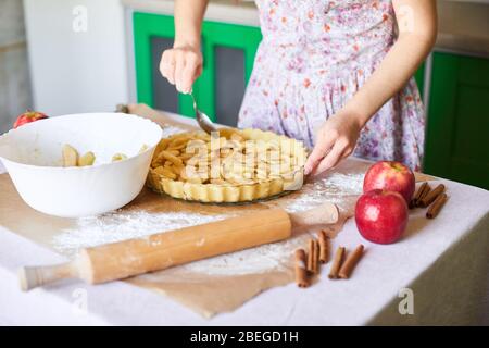 Home baking of holidays classic sweet pies. Woman hands fixing pastry dough in a tray and pumpkin pie ingredients. Preparing traditional desserts Stock Photo