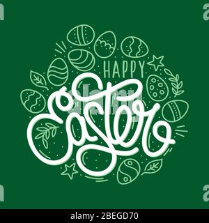 Green Hand Sketched Happy Easter Vector Typography As Logotype, Badge and Icon, Easter Postcard, Card, Invitation, Flyer, Banner Template. Stock Vector