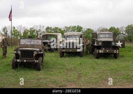 Kiev, Ukraine - May 9, 2019: Vehicles of the US Army soldier of the Second World War, historical reconstruction anniversary of victory Stock Photo