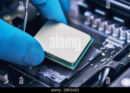 Electronic engineer of computer technology. Installing the processor on the motherboard. Pc repair, technician and industry support concept. Stock Photo
