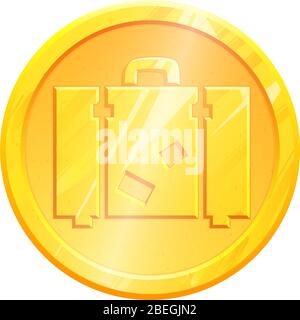 Suitcase gold coin icon. Travel symbol isolated on white background. Luggage simple solid sign. Tourist bag silhouette. Metal trip object. Stock Vector