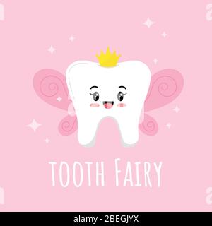 Cute Tooth Fairy with wings, gold crown and sparkles vector icon isolated on pink background. Stock Vector