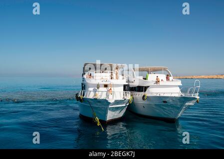 Boating and snorkeling the Red Sea, off of the coast of Sharm el-Sheikh, Egypt. Stock Photo