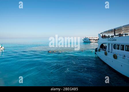 Boating and snorkeling the Red Sea, off of the coast of Sharm el-Sheikh, Egypt. Stock Photo