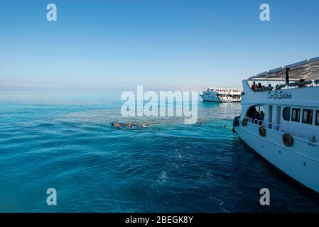 Boating and snorkeling the Red Sea, off of the coast of Sharm el-Sheikh, Egypt. Stock Photo