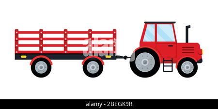 Red tractor with trailer icon isolated on white background. Stock Vector