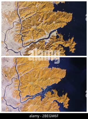 Japan's Kitakami River Before and After 2011 Tsunami Stock Photo