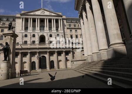London, UK. 13th Apr, 2020. Photo taken on April 13, 2020 shows a general view of the Bank of England in London, Britain. Britain's gross domestic product (GDP) could fall by 25 to 30 percent in the second quarter amid the COVID-19 pandemic, British Chancellor of the Exchequer Rishi Sunak said during the weekend, according to local media reports. Credit: Tim Ireland/Xinhua/Alamy Live News Stock Photo