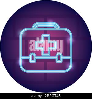 First aid kit neon icon in line style. Medical suitcase with cross ...
