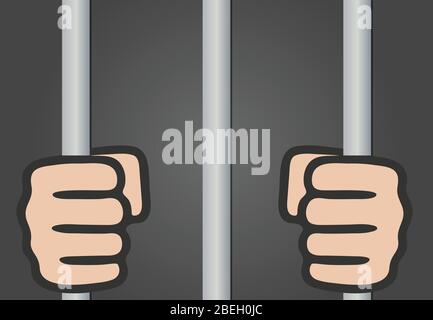 Hands behind bars, man in prison, steel cage jail bars, criminal locked in jail, vector illustration Stock Vector