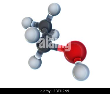 A molecular model of ethanol, a volatile, flammable, colorless liquid found in alcoholic beverages, fuel, thermometers and solvents.  Simply referred to by many as just 'alcohol,' ethanol is responsible for the psychoactive effects of intoxication from alcoholic beverages.  Atoms are colored light gray (hydrogen), dark gray (carbon) and red (oxygen).