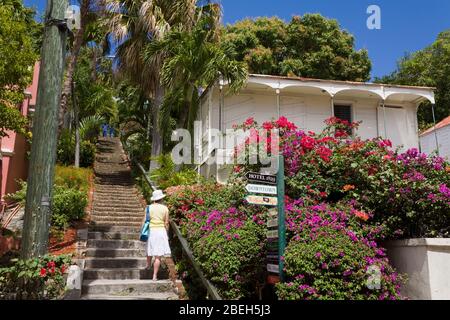 99 Steps in Kongens Quarter, Charlotte Amalie City, St. Thomas Island, USVI, Caribbean Stock Photo