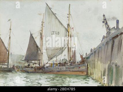 Henry Scott Tuke - A Lowestoft trawler coming alongside the quay. Stock Photo