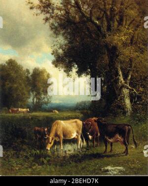 William M. Hart Cows in the Meadow. Stock Photo