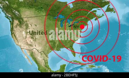 Coronavirus infection in USA, COVID-19 outbreak in New York on map of America. Novel SARS-CoV-2 corona virus spreads in US. Concept of COVID19 pandemi Stock Photo